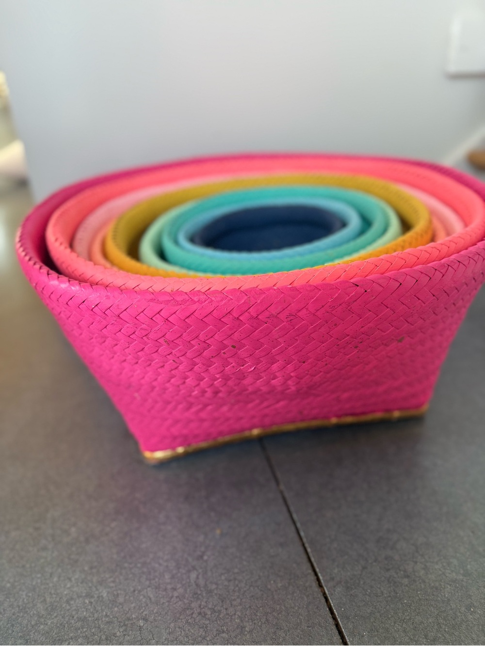 Glitterville Studios set of 9 Decorative Wicker Baskets — Rainbow